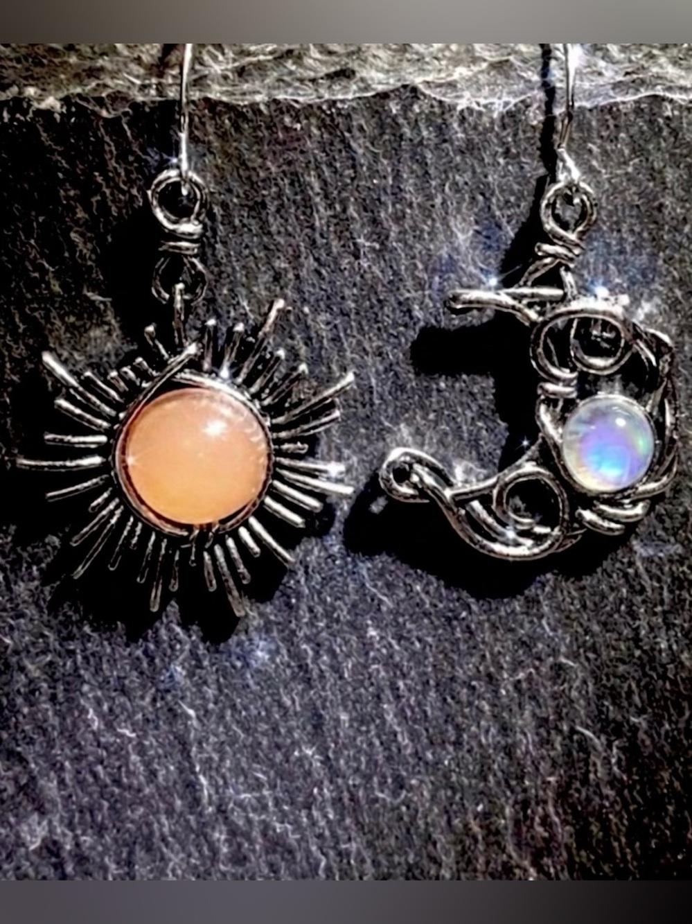 Bohemian Astrology Sun Moon Silver Wire Wrapped Celestial Stone Mismatch Dangles - Picture 8 of 8